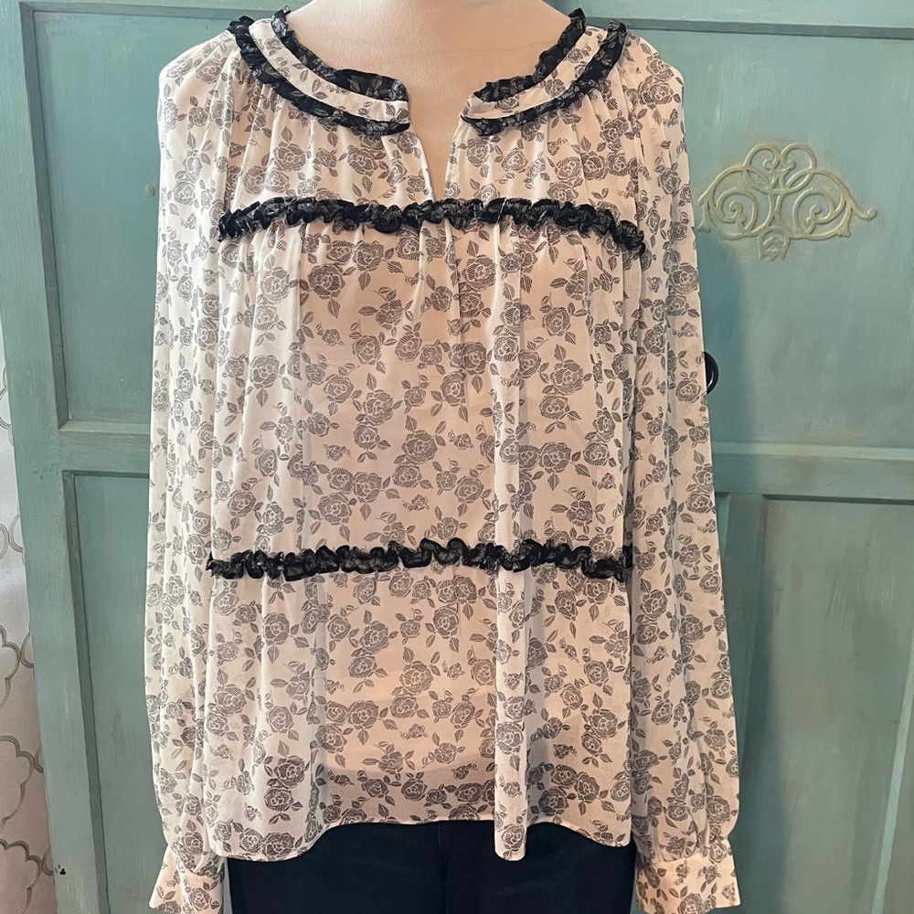 Vince Camuto Women's Long Sleeve Sheer Blouse Off White & Black Floral Size XL